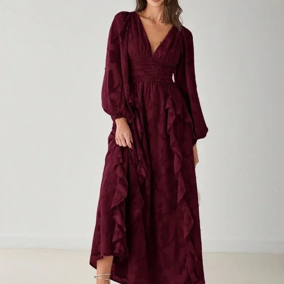 Burgundy Elegant Women's V-Neck Lantern Sleeve Flounce Hem Maxi Dress - Picture 4 of 8